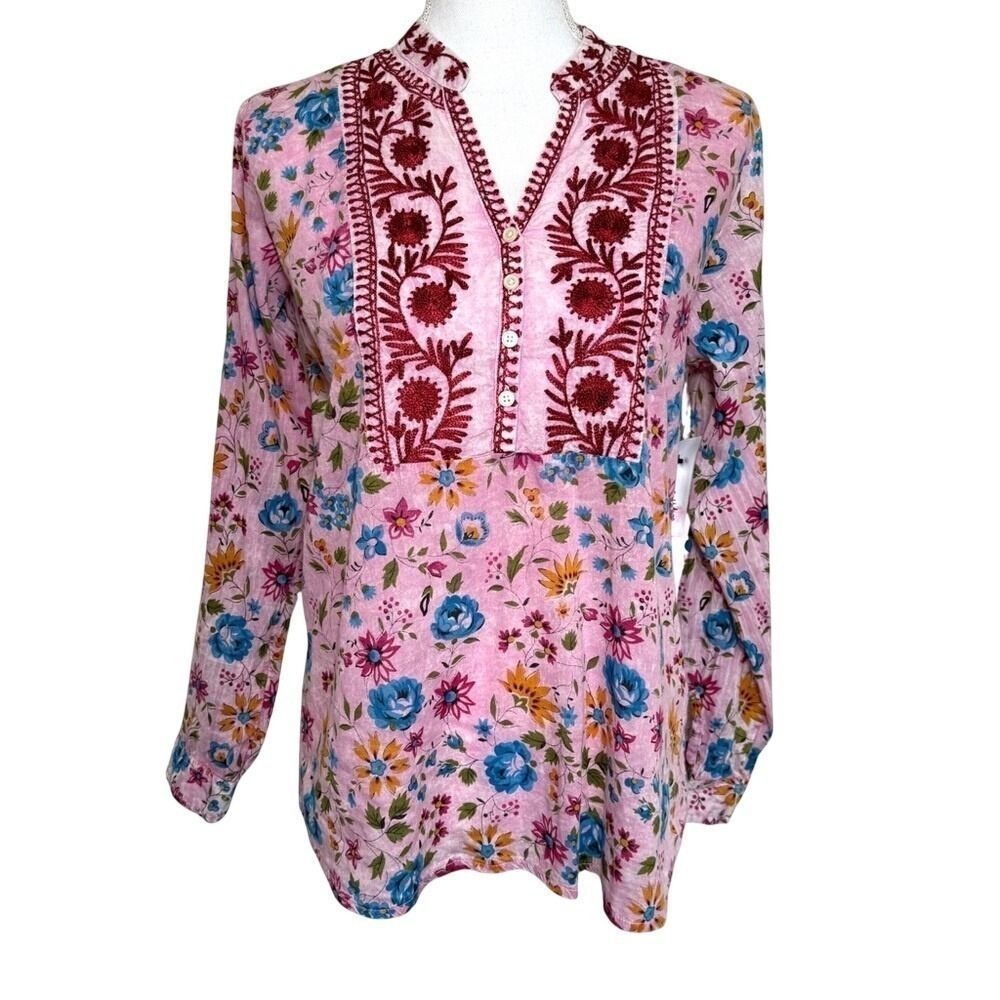 The Nu Vintage Floral Tunic Top Embroidered Pink Small